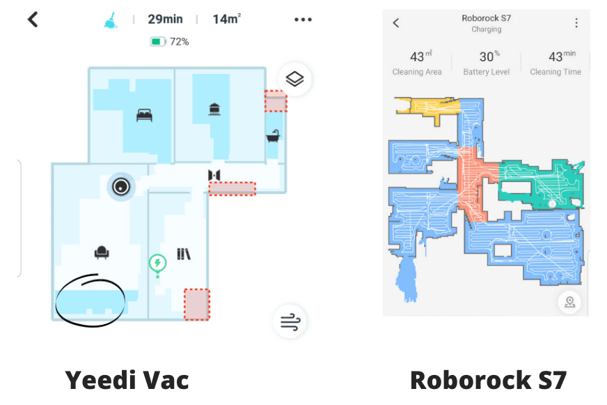 Live Verfolgung des Yeedi Vac Hybrids bei der Reinigung über die Handyapp im Vergleich zu Live Mapping eines Lidar Saugroboters